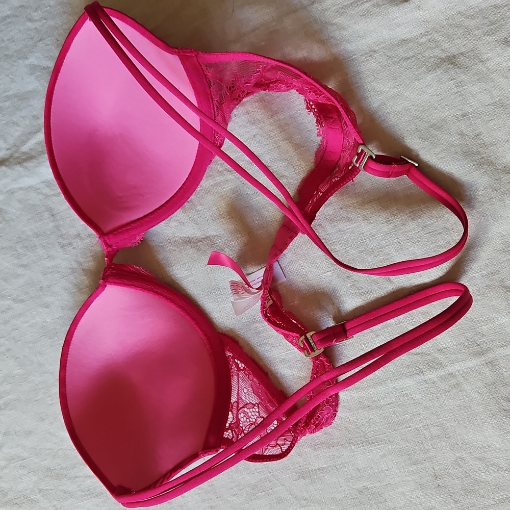 Pink Victoria's Secret Pink Lace Women's Bra 34A Push Up Plunge - Picture 6 of 14